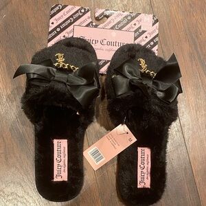 Juicy Couture Black Plush Slippers with Bow